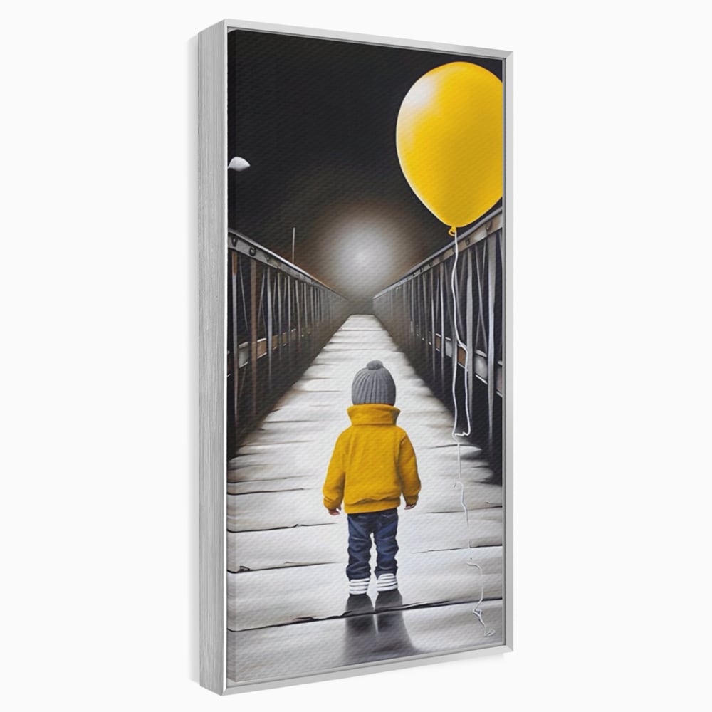 Tablou canvas cu tablou canvas cu un copil si balon galben pe pod, in rama de aluminiu argintiu